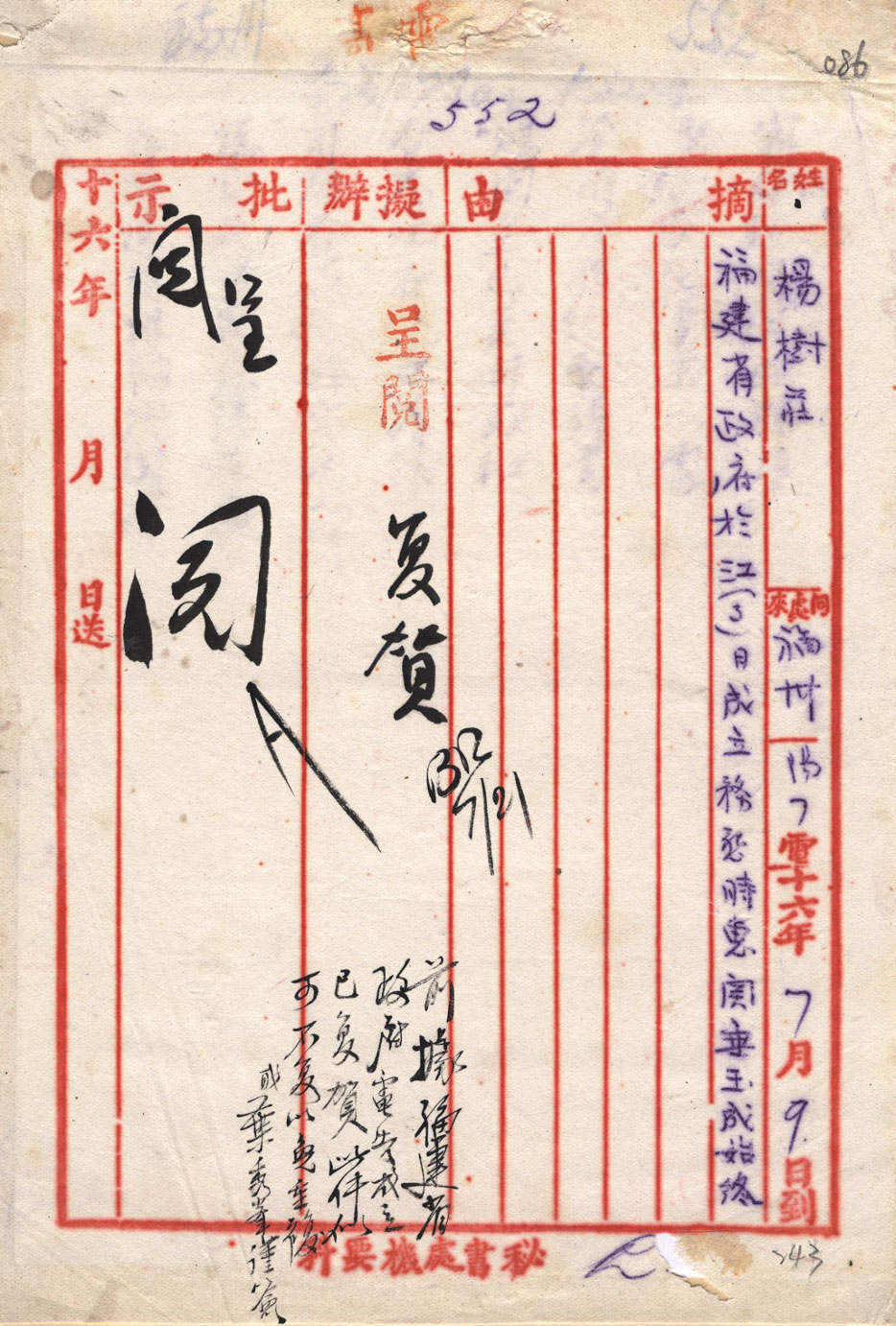 On July 3, 1927, Yang Shu-chuang, the first governor of the Fujian Provincial Government, telegraphed to the Nationalist Government in Nanjing that the Fujian Provincial Government had been established on July 3.