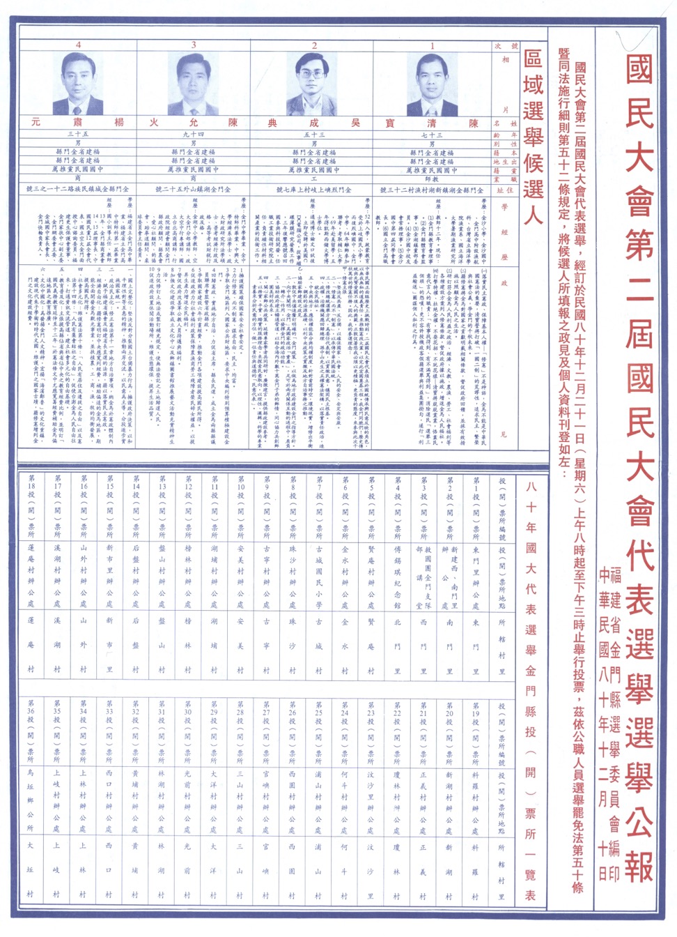 December 1991, the bulletin of the Kinmen County representative election of the Second National Assembly.