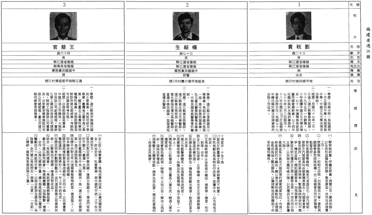 December 1991, the bulletin of the Lienchiang County representative election of the Second National Assembly.